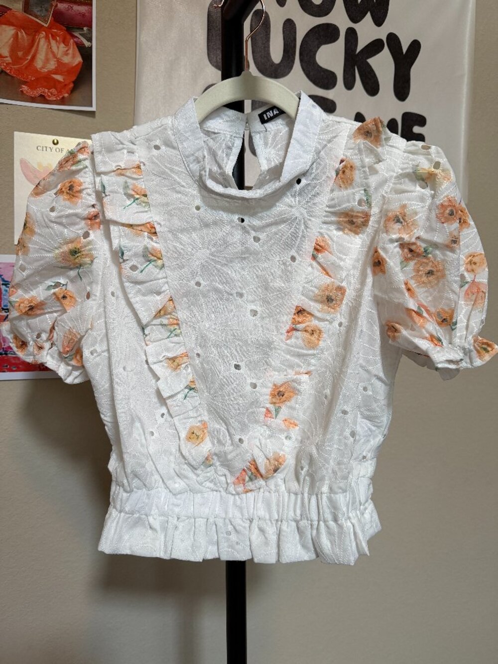NWT INA Floral Eyelet Ruffle Smocked Top White Orange Small
